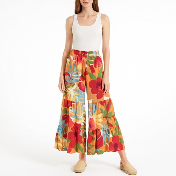 Free Destinations Floral Wide Leg Pants Size L Boho Islandcore Drawstring Shell - Picture 1 of 11